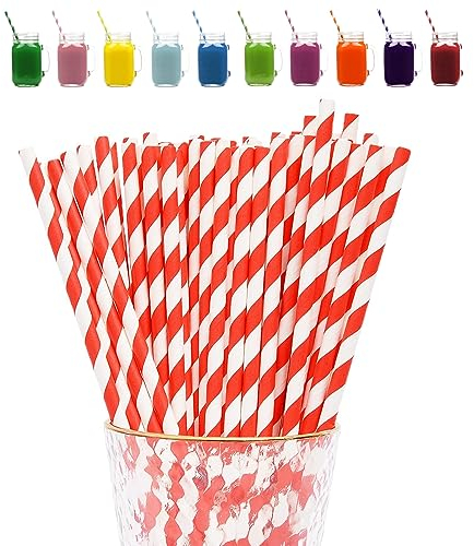 Red Stripes Paper Straws - Biodegradable & Recyclable 100Pack Assorted Color Stipes for Xmas & Party Decor