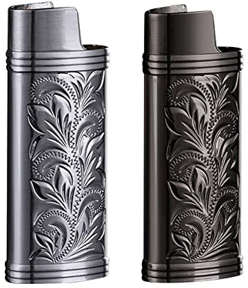 2 Stück Feuerzeughülle, Vintage Feuerzeughüllen für Mini BIC Feuerzeug,Wiederverwendbare Zinklegierung Feuerzeughülle Vintage Kreativ Gravur Feuerzeughüllenhalter, 2,3 Zoll x 0,9 Zoll x 0,5 Zoll