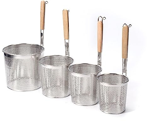 BradOc 4pc Large Round Wok Strainer Strainer Frying Basket Stainless Steel Wooden Handle for Heat Resistance Udon Pasta Noodle Ramen Rinse Strain Boiling Frying 12Cm14Cm16Cm19Cm,Silver