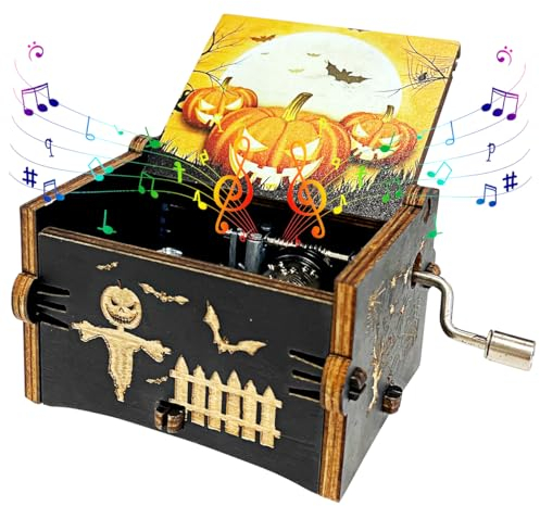 DSTLWBCS Hölzerne Spieluhr Halloween, Hölzerne Handkurbel Spieluhren, Halloween Vintage-Holz-Spieluhr, Halloween Musikkästchen für Kinder Freund Feiertags Geburtstags Geschenk