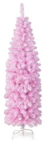 GYMAX 180 cm Weihnachtsbaum künstlich mit 250 weißen Leuchten & 475 PVC-Nadeln, Christbaum mit Metallständer & Klappsystem, Tannenbaum für Zuhause, Eingangsbereich & Büro, rosa