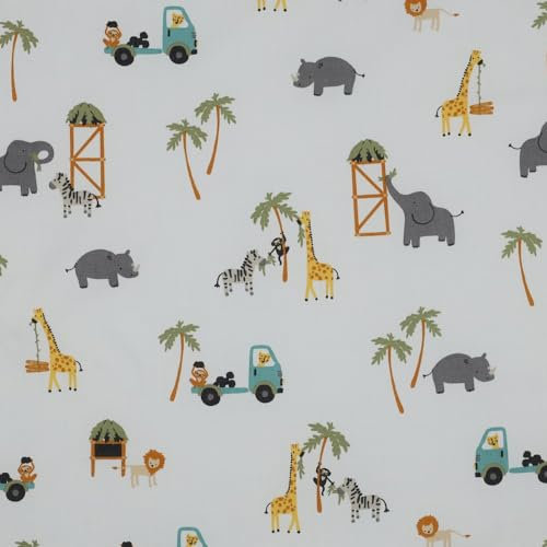 Keine Meterware, Stoffe zum Nähen, Tiere Stoff für Kinder, 100% Baumwolle: 1m Baumwollstoff mit Zootiere - Elefant Nilpferd Löwe Zebra Giraffe Affe - Wildtiere
