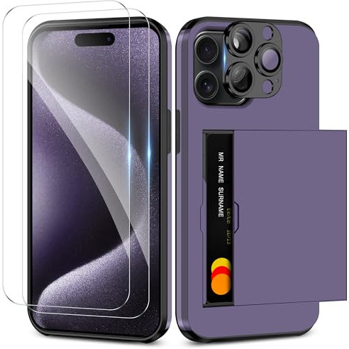 Coolden for iPhone 15 Pro Case with Card Holder & 2 Screen Protector + 1 Camera Lens Protector Full Body Heavy Duty Protective Case Shockproof Wallet Case Cover for iPhone 15 Pro Phone Case-Purple