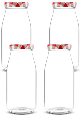 MEETOZ 4Pcs 250ml Glass Milk Bottles,with Pretty Gingham Lids Reusable Milk Bottle for Juices, Dressings, Sauces, Beverages, Decoration and Storage