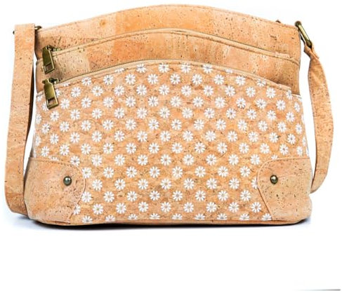 DeCarbonize Crossbody Handtasche aus Kork Veganleder Nachhaltig Damen Umhängetasche (3-Zip Blümchen Weiß)