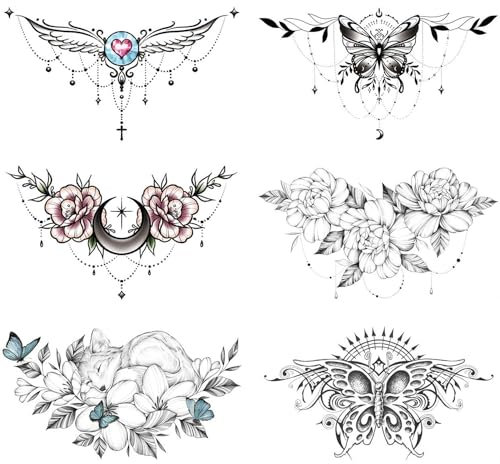 GLARYYEARS Underboob - Tatuaggi temporanei per donne e ragazze, confezione da 6 adesivi neri finti realistici per tatuaggi creativi, a lunga durata, con ali di fiori sexy, farfalla, volpe, vagabondo