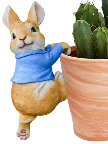 PEIQICHU Cute Rabbit Plants Pot Hanger Resin Easter Bunny Statue Flower Pot Planter Hanging Decorative Bunnies Wear Blue Cloth Sculptures Outdoor Garden Lawn Ornaments Home Office