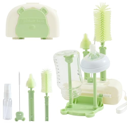 FUSACONY Baby Flaschenbürste Set, 7-in-1 Silikon Babyflaschenbürste, Saugerbürste, Strohhalmreiniger, Babyflaschen Trockenständer, Seifenspender für Flaschen und Aufbewahrungskoffer, BPA-frei (Grün)