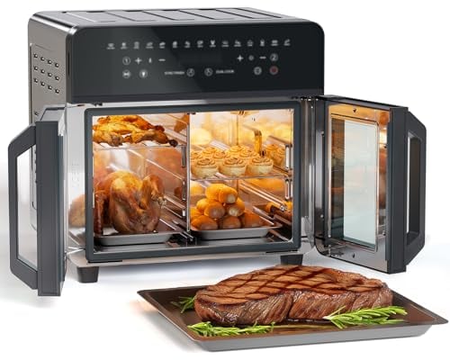 24L Heißluftfritteuse XXL Airfryer Pizzaofen 1800W Groß Heissluftfritteuse 2 Kammern Mikrowelle mit Grill und Heißluft Minibackofen Elektrisch Fritteusen Doppelkammer mit LED-Touchscreen, Rezeptbuch