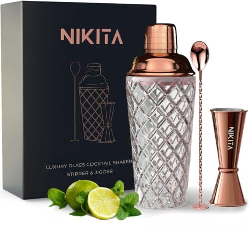 Luxury Rose Gold Cocktail Shaker Set - Glass Drink Shaker with Strainer - Matching Measuring Jigger, Bar Spoon, Muddler - 5 pcs Gift Box