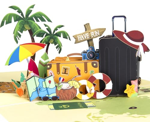 Magic Ants Hochwertige Reise 3D Pop-Up-Grußkarte – Mit Weltkarte, Koffern, Flugzeug, Strand und Reisemotiven – Perfekt für Reisefans, Urlaub, Abschied und Abenteuer