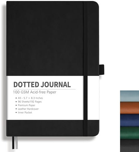 RETTACY Notizbuch A5 Gepunktetes- Bullet Dot Grid Journal mit 192 Seiten, 1 Rücktasche und hochwertigem Hardcover für Künstler Schreiben/Zeichnen, 14,5 x 21 cm - Schwarz