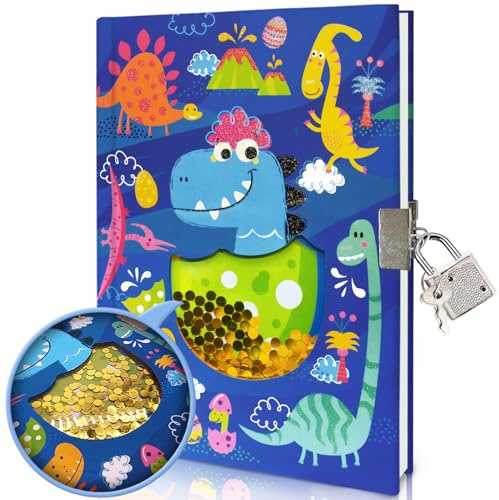 GINMLYDA Dinosaur Secret Diary with Lock for Boys, 7x5.25 Inches 160 Lined Pages Shakable Sequin Boys Diary Journal for Kids Notebook Boys Gifts for Birthday Presents Toys 5 6 7 8 9 10 Year Old