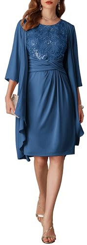 GRACE KARIN Women 2 Pieces Elegant Wedding Outfits Dress Suit Sequin Dress+3/4 Sleeve Chiffon Cover Up Grey Blue Size 14