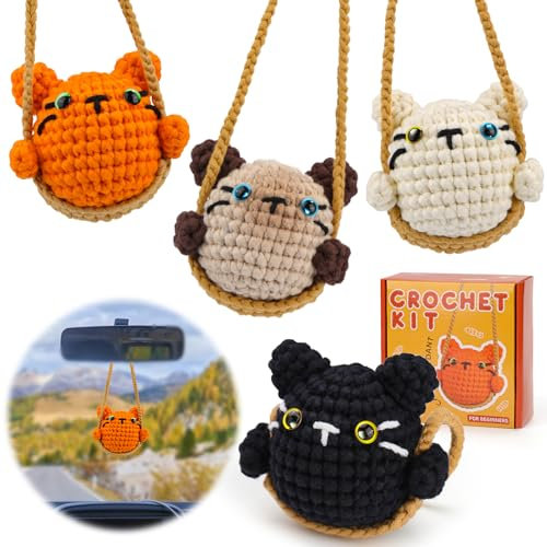 Kogyxe Häkelset für Anfänger, Häkeltier-Set für Dekoration, Auto-Hängeornament, Katzen-Strickset mit Garn-Häkelnadel, Häkel-Starter-Kit mit Schritt-für-Schritt-Video-Tutorials