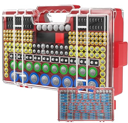 Narotood Battery Organizer Storage Holder Box Case with Tester, Ultra-Large 275+ Batteries Double-Sided Variety Pack,Holds AA AAA 4A C D Cell 9V 3V Lithium18650 LR44 CR2 CR123 CR1632 (Red)