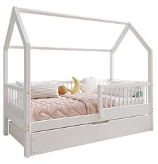 TIMBEE ZOJA - Box Holzbett - in Hausform mit Rundstäben und Einer Schublade - Skandinavischer Stil - Massive Konstruktion aus Naturholz - Option mit Schublade - Weiß - 90x200cm