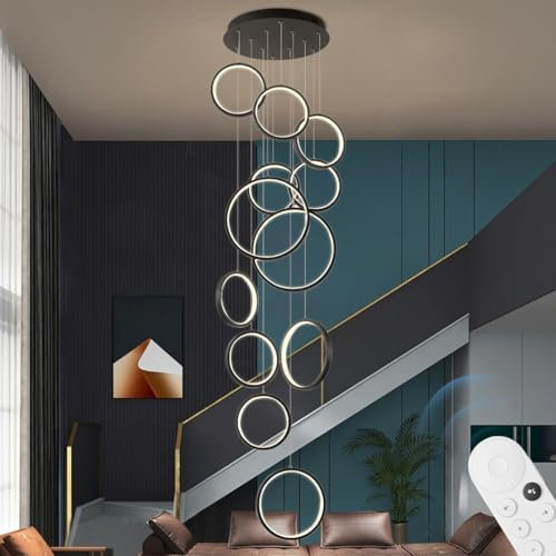 AHQX Runde LED-Hängeleuchte, lange Treppe, stufenlos dimmbar, mit Fernbedienung, kreisförmige Hängeleuchte, schwarz, höhenverstellbar, geeignet für Wohnzimmer, Foyer, Villa, Hotel (12 Heads)