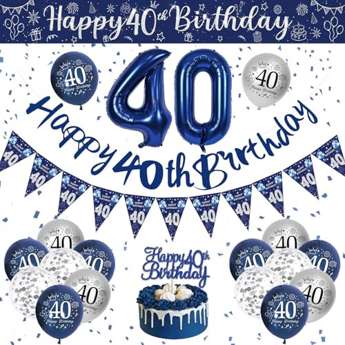 40. Geburtstag Deko Männer, Blau Silber Luftballons Geburtstag, Deko 40 Geburtstag Mann, Geburtstagsdeko 40 Jahre Party Deko mit Happy Birthday Girlande Konfetti Ballons für 40 Geburtstag Dekoration