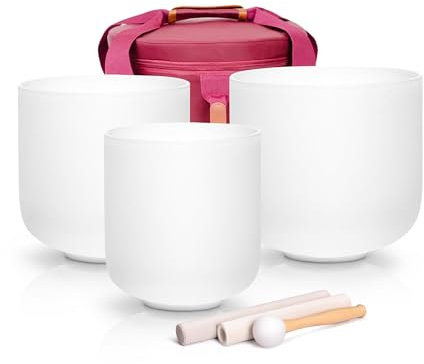 Alioth (6B+7C+8A) Set of 3 Crystal Singing Bowls with Sturdy Carrying Case and Singing Bowl Mallets