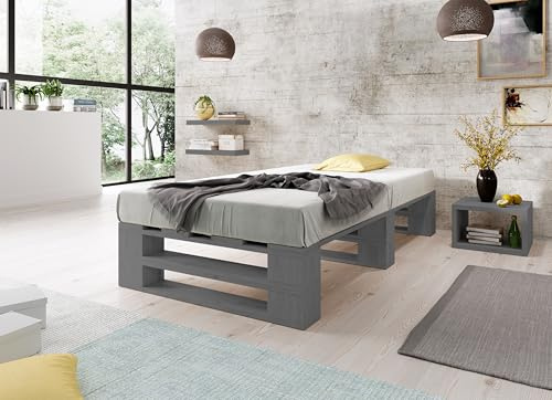 Lermowood Palettenbett M2 aus Holz 120 x 200 cm Grau mit Lattenrost Holzbett 30cm Stabiles Seniorenbett Kinderbett Jugendbett Gästebett erhöhtes Einzelbett Bettgestell Futonbett Komforthöhe