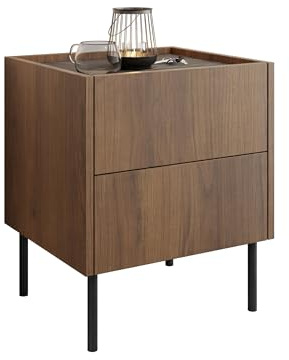 Mirjan24 Nachttisch Tewos S40 S2 mit 2 Schubladen, Metallfüße, Nachtschrank, Nachtkonsole, Nachtkommode, Beistelltisch (Nuss Warmia + Marmor Schwarz)