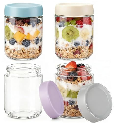 1ZIZIFA8 500 ml Glass Mason Jars with Leak-proof Lids, 4 Pack 16 oz Glass Overnight Oats Container,Storage Jars for Breakfast, Yogurt Mason Jar for Fruit, Pudding, Salad, JamSet of 4