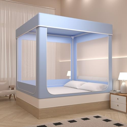Jidanmian Copriletto per Tenda Traspirante a 3 Ante, Tenda da Sogno per Dormire con riduzione della Luce, Tenda da Letto Rimovibile, Staffa in Ferro battuto Verniciato, per Bambini e Adulti(B-Blue)