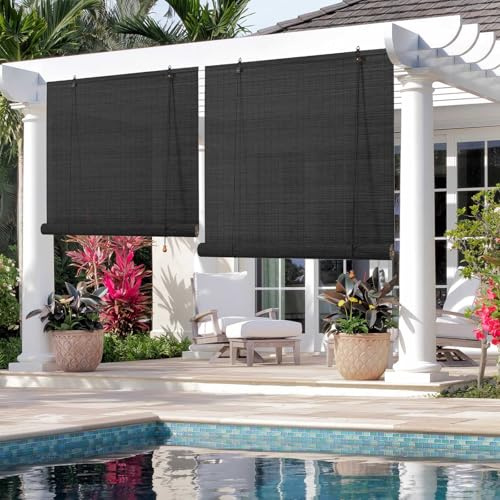 Schwarz Bambusrollo Outdoor 80% Blackout Bambus Jalousie Holzrollo Natur Sichtschutz Sonnenschutz Rollo Bambus Raffrollo 50 60 80 90 100 110 120 130 140 150 160cm Breit für Balkon Küche(W90xH140cm)