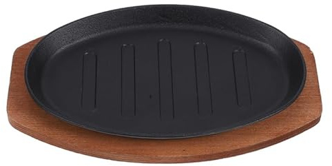 JECOMPRIS Cast Iron Steak Plate with Wooden Base Sizzling Platter for Teppanyaki Fajita Serving and BBQ 11.61 X 7.28 X 1.38 in for Restaurant and Home Cooking