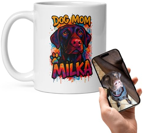 Générique Mug Personnalisé DOGMOM/CATMOM/DOGDAD/CATDAD – Portrait Animal Pop Art Graffiti avec Photo et Prénom – Cadeau Original pour Amoureux des Animaux – Tasse Céramique 11 oz (MOM)