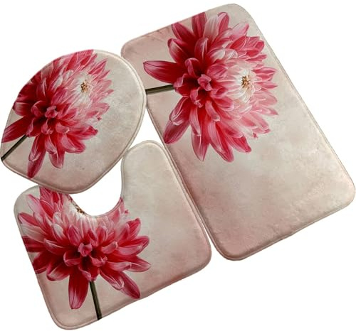 Bad Teppiche Set Rot Beige Blume Badezimmerteppich Waschbar WC Vorleger mit Ausschnitt und WC Deckelbezug 3 Teilig Badematte rutschfest Toilettensitzbezug Badgarnitur 45x75 cm