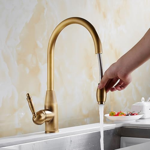 BiaoTeng Küchenarmatur Ausziehbar Retro Einhebelmischer Küche mit Brause 360° Drehbar Warm und Kalt Messing Küchenamaturenset Ausziehbar Vintage