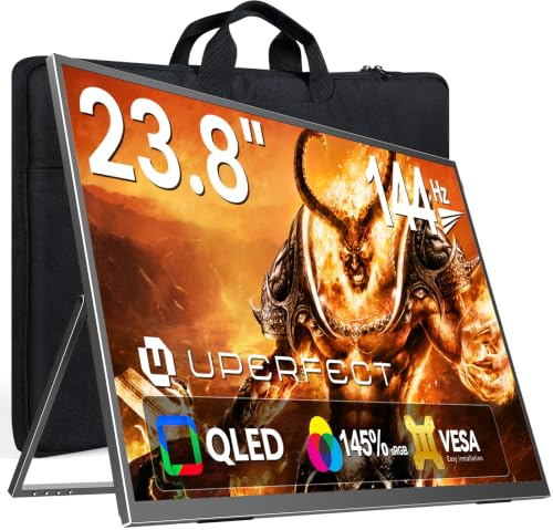 UPERFECT 23,8 144Hz QLED Gaming Monitor Portatile, FHD 1080P 145% sRGB | 450 Nit 2000:1, Supporto Integrato, USB C Mini HDMI per PC Laptop Console di Gioco, Compatibile VESA, Corpo in Metallo