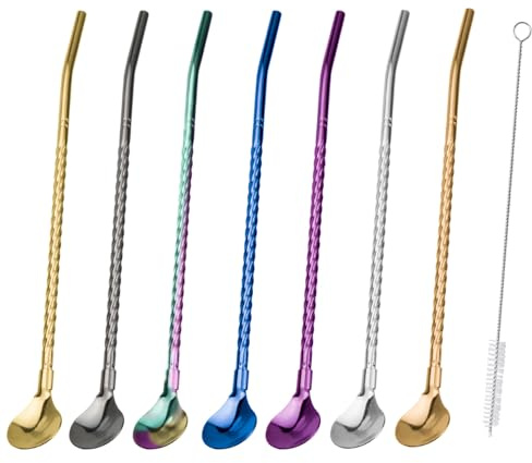 Wellrun 7Pcs Stainless Steel Straw Spoon Set with 1 Cleaning Brush, Reusable Metal Drinking Straws with Spoon Head,2-in-1 Design for Smoothies,Milkshakes,Coffee,Tea,Cocktails(Threaded)