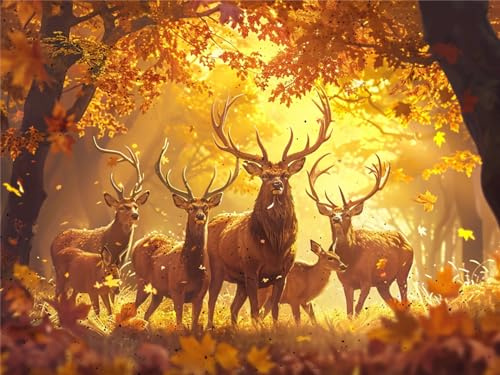 Ginfonr 5D Diamond Painting Deer Forest Full Drill by Number Kits, Craft Rhinestone Jungle Animals Paint with Diamonds Set Arts Decorations (12x16inch)