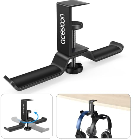 aceyoon Headset Halterung, 360 Grad Drehbar Kopfhörer Ständer Dual Headset Ständer Schreibtisch Aluminium Kopfhörer Halterung für Bluetooth Gaming Headset und Kopfhörer Haken, Schwarz