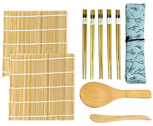 BluVast Sushi Set für Anfänger - 10 Teile: 2 Matten, Reisstreuer, Paddy Paddel, 5 Stäbchen, Verpackungsbeutel - DIY Sushi Maker