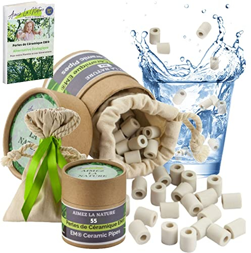Aimez La Nature 55 Perles de Céramique EM® Avec Joli Pack Ecologique et Sachet Coton Certifié Bio, Purificateur Naturel Eau Robinet, Filtration Eau pour Carafe Bouilloire Lave Linge Lave Vaisselle