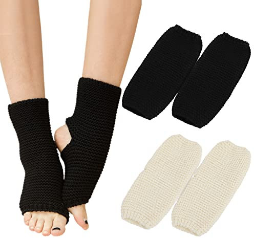 PHOGARY 2 Pairs Knitted Yoga Leg WarmersWomen,Yoga Socks Toeless Training Ballet Dance Leg Warmers Warm Knit Crochet Short Leg Boot Topper SocksYoga Dancing Exercising Gym,Black,Beige,One Size