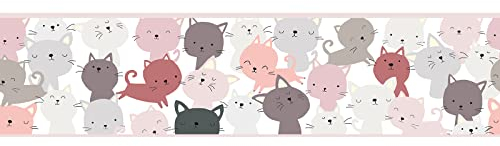 Katzen Tapete aus Vlies für Kinderzimmer | Babytapete als Bordüre selbstklebend in Rosa | Baby Vliestapete ideal für Mädchenzimmer