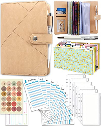 Budget Planner, Ginmlyda Geld Organizer 28PCS Budget Binder With A6 Binder Money Envelopes Zipper PVC Pockets Financial Planner Budget Sheets Sticker Pen FOR Money Organizer And Savings Binder (Khaki)