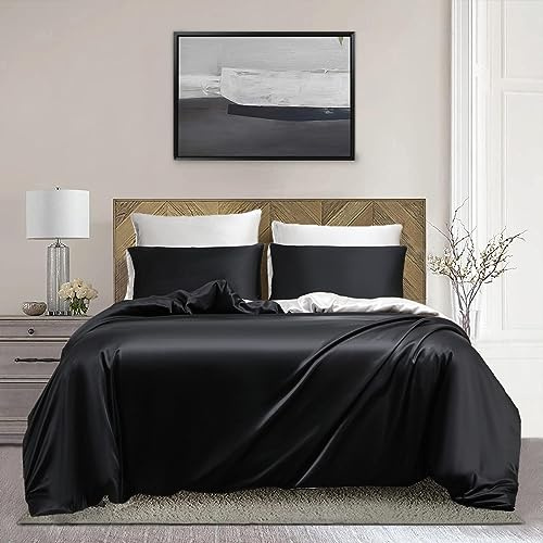 Damier Satin Bettwäsche 155x220cm Schwarz Weiß Glanzsatin Wendebettwäsche Set 3-teilig Seidig Glänzend Luxus Bettbezug mit Reißverschluss und 2 Kissenbezüge 80 × 80 cm