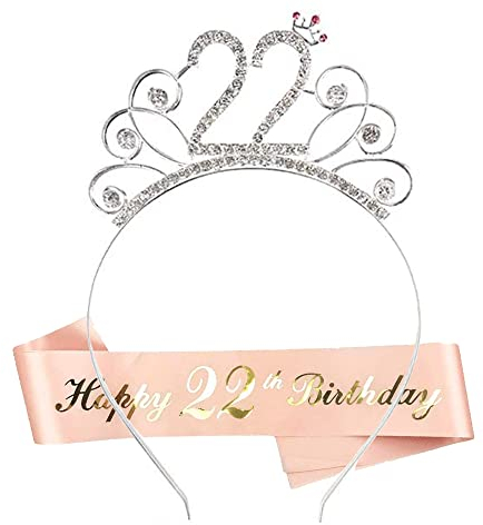 HCRXVV 22.Geburtstagskrone Schärpe Junggesellinnenabschied Set für 22 jahre Geburtstag Mädchen Deko,Kristall Kronen Haar-Zusätze Roségold Happy Birthday Geschenk für Girl kinder Frau Frauen
