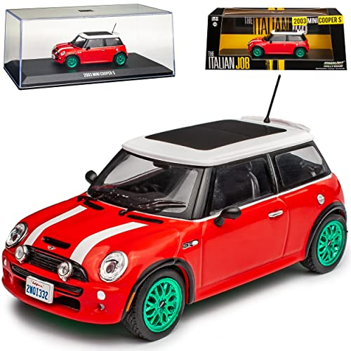 Mini Cooper S R50 Rot mit Weiss und gruene Felgen 2001-2006 aus The Italian Job 1/43 Greenlight Modell Auto