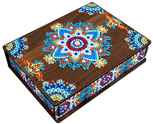 Klassische Mandala Diamond Painting Schmuckkästchen Aufbewahrungsbox DIY Diamant Malerei Schmuckaufbewahrung Holz Organizer Box Geschenke (D)
