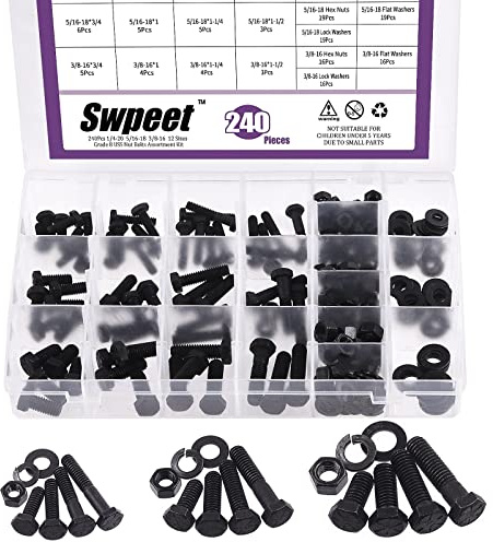 Swpeet 240 piezas 1/4-20 5/16-18 3/8-16 12 tamaños negro acabado de zinc acero al carbono grado 8 USS tuerca kit surtido de pernos de tuerca de trabajo pesado y arandela surtido de rosca gruesa