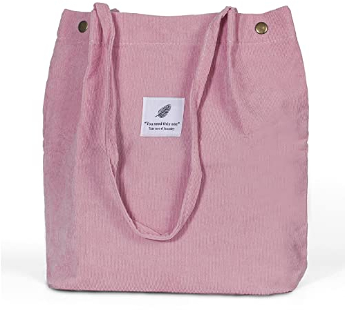 Tote Bag Noir, Sac Velours Côtelé Femme, Doux, Grande Capacité, Réutilisable, Adapté aux Dames et aux Filles (Rose)