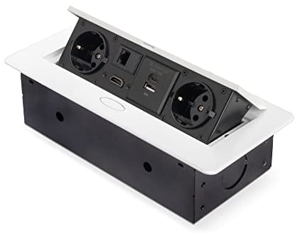 Emuca - Regletas enchufe, Regleta multienchufe retráctil para empotrar en la mesa, base de enchufes multiconector (enchufe EU tipo F, USB A+C, RJ45 y HDMI), 265x120mm, blanco