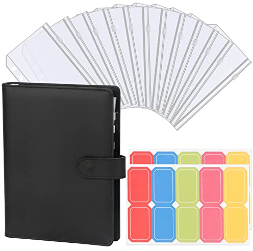 FYY A5 Binder Notizbuch,6 Ringe PU Leder A5 Loseblatt Binder mit 12 Klar Binder Taschen und 20 Etikettenaufklebern,Planner A5,Budget Planner A5 Notebook Cover für Büro,Schule,Reisen,Tagebuch- Schwarz